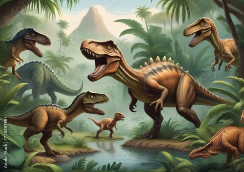 Childrens Illustration Of Step Into The Past With This Imaginative Illustration Depicting Dinosaurs Thriving In A Lush Prehistoric Jurassic Jungle. © Pixel Matrix