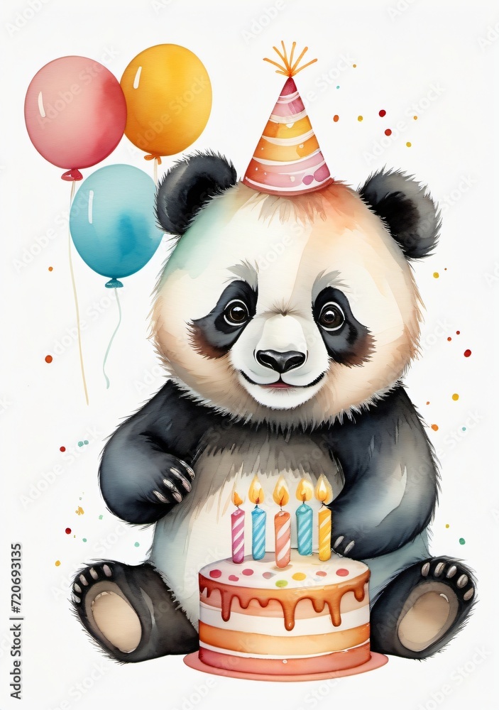 Childrens Illustration Of Cute Panda Bear With A Birthday Cake In Watercolor Desgin Isolated Against White Background Childrens Illustration Of Cute Panda Bear With A Birthday Cake In Watercolor Desgin Isolated Against White Background