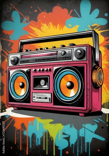 Childrens Illustration Of Retro Old Design Ghetto Blaster Boombox Radio Cassette Tape Recorder From 1980S In A Grungy Graffiti Covered Room.Music Blaster