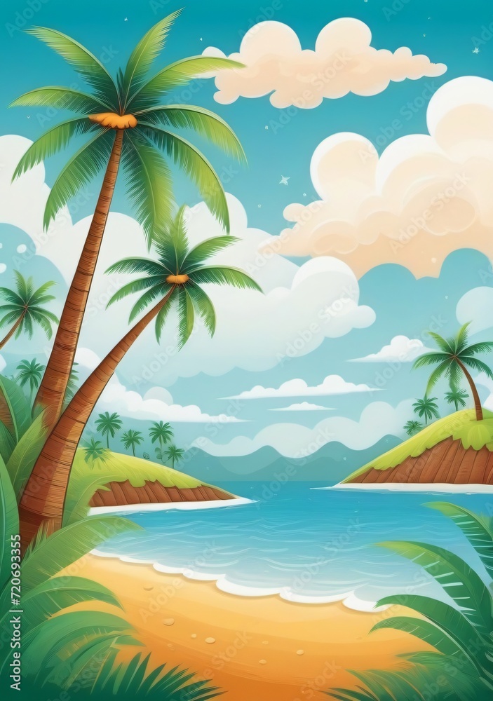 Childrens Illustration Of Landscape With Beautiful Sky With Clouds And Coconut Trees.