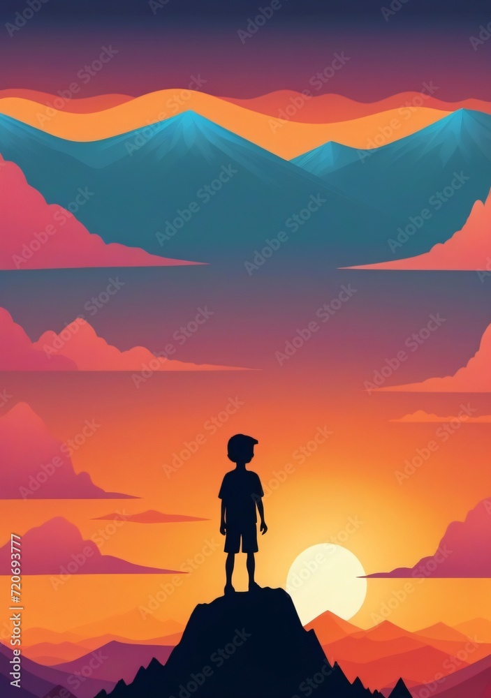 Childrens Illustration Of A Person Standing On Top Of A Mountain At Sunset. Generative Image.