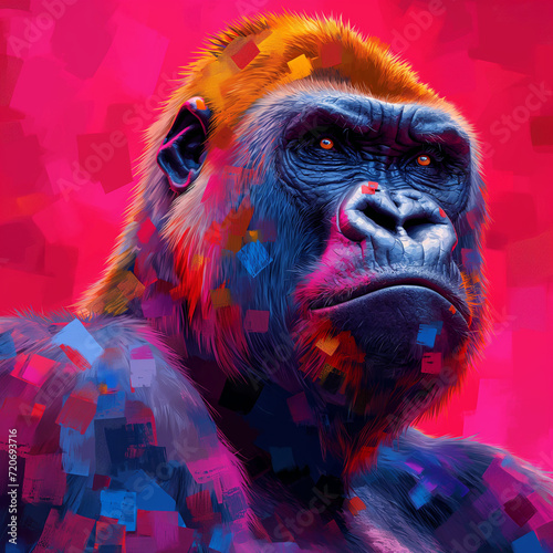 A gorilla portrayed in a highly stylized and artistic manner