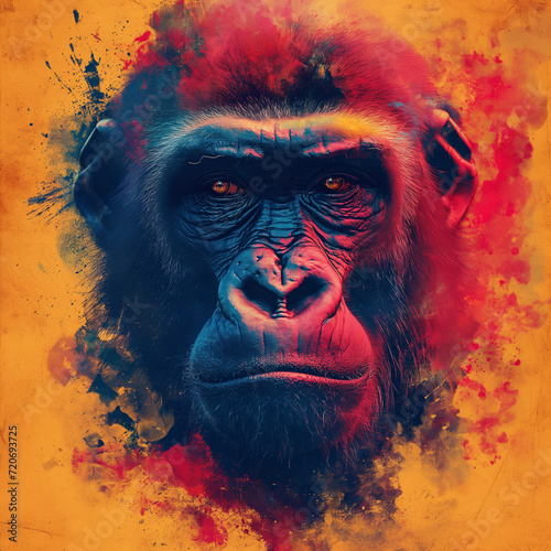 A gorilla portrayed in a highly stylized and artistic manner