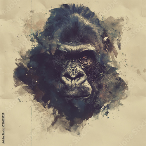 A gorilla portrayed in a highly stylized and artistic manner