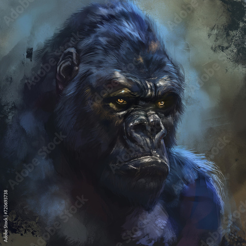 A gorilla portrayed in a highly stylized and artistic manner