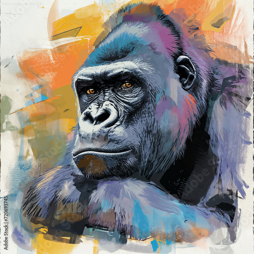 A gorilla portrayed in a highly stylized and artistic manner