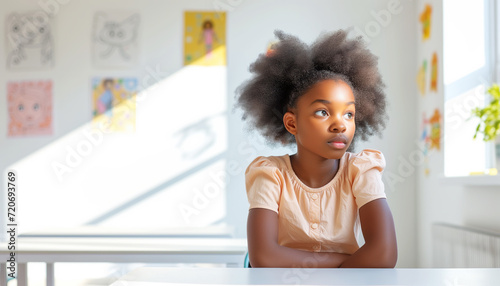 African american girl sits at a desk in a white sunny classroom in a European learning centre
