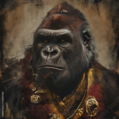 A gorilla portrayed in a highly stylized and artistic manner