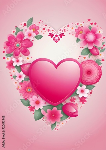 Childrens Illustration Of Decorative Heart In Flowers, Banner In Pink Shades, Illustration For Valentines Day.