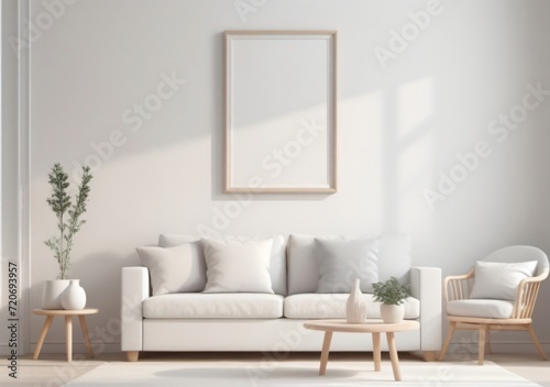 Childrens Illustration Of Mockup Frame In White Simple Living Room Interior Background, 3D Render