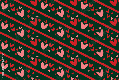 Cute red pink heart placed form of diagonal parallel lines seamless pattern lovely romantic Green background Valentine's Day textiles fabric wallpaper wrapping paper wallpapers polygraphy Repeating