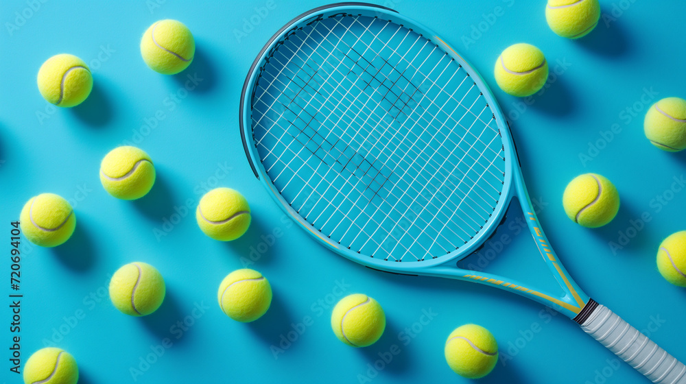 Blue Tennis Racket Surrounded by Yellow Tennis Balls