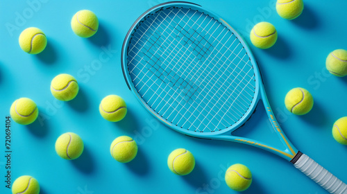 Blue Tennis Racket Surrounded by Yellow Tennis Balls © mattegg