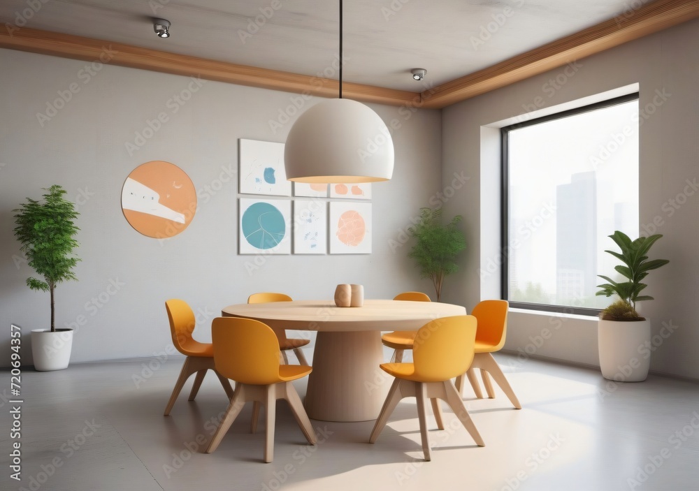 Fototapeta premium Childrens Illustration Of Interior Of Modern Meeting Room With White Walls, Concrete Floor, Round Wooden Table With Beige Chairs And Ceiling Lamps.