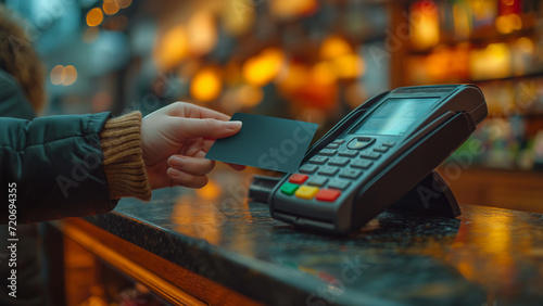 Contactless payment system. Closeup of Caucasian hand, holding a black credit card on a POS terminal. Credit card to make electronic payment