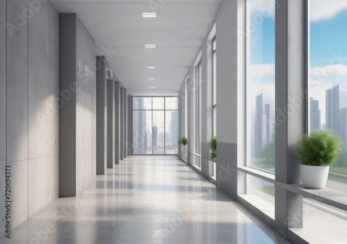 Childrens Illustration Of Modern Office Corridor With Mock Up Place On Concrete Wall, Windows With City View And Reflections. 3D Rendering. © Pixel Matrix