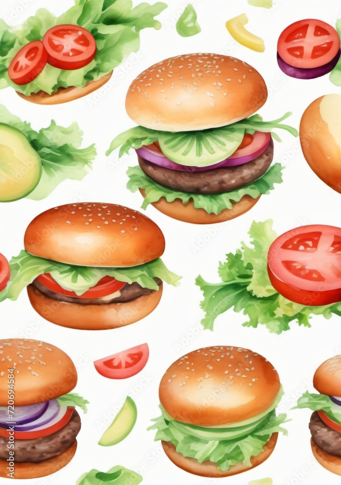 Watercolor Illustration Of Burgers With Salad Isolated On White Background Watercolor Illustration Of Burgers With Salad Isolated On White Background