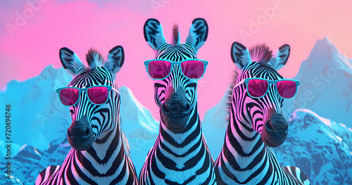  Zebra Trio in Sunny Shades  Illustration Surrounded by Unreal Pink Hues