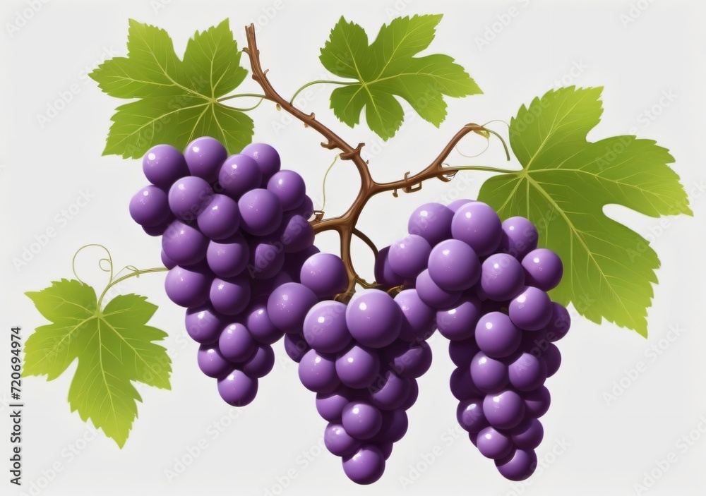 Fototapeta premium Childrens Illustration Of Purple Grapes On A Grapevine, White Background (Png)
