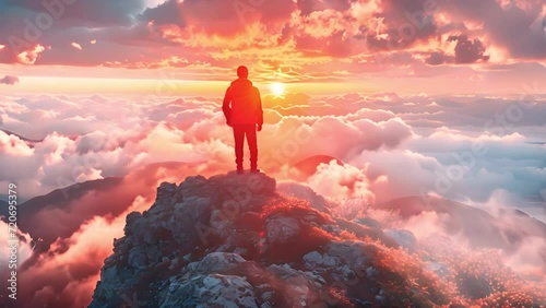 Man Standing on the Top of a Mountain, From Overflowing Emotions of Joy and a sense of Satisfaction. The concept of achieving success. Moving clouds in beautiful sunset Enjoy life beautiful view photo