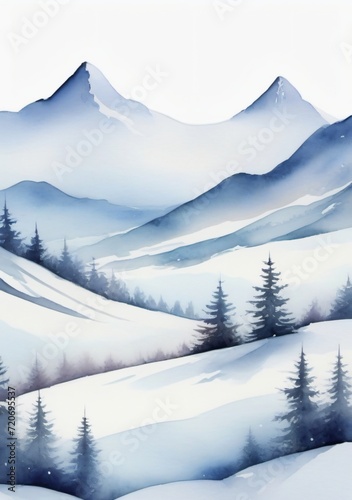 Watercolor Illustration Of An Isolated Snow Hills Landscape Isolated On White Background