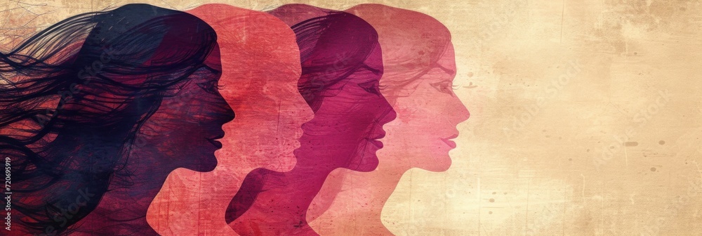 Silhouette of women's heads. Double exposure. Abstract background.