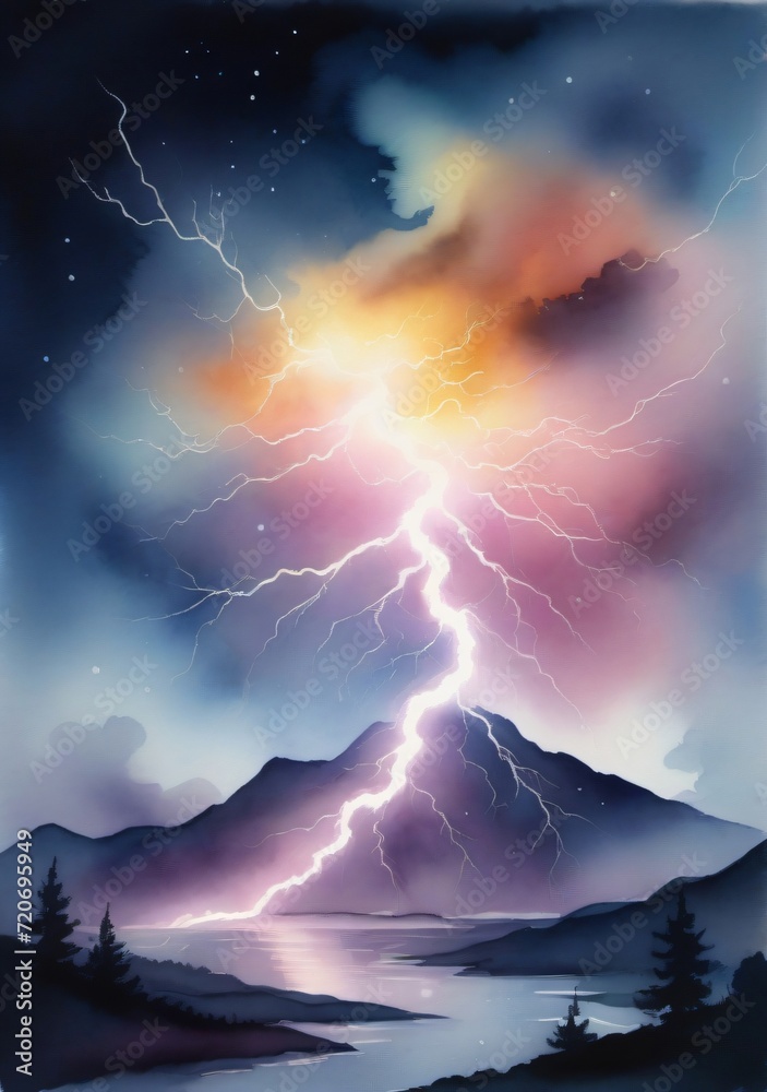 Watercolor Illustration Of Captivating Energy: Glowing Lightning Electrifies The Night Sky Isolated On White Background