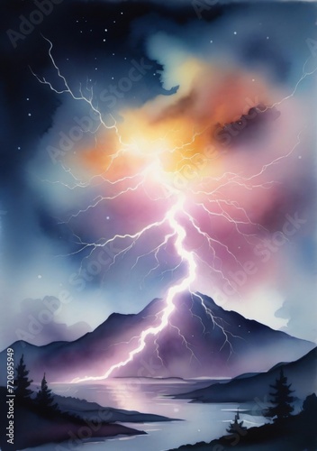 Watercolor Illustration Of Captivating Energy: Glowing Lightning Electrifies The Night Sky Isolated On White Background