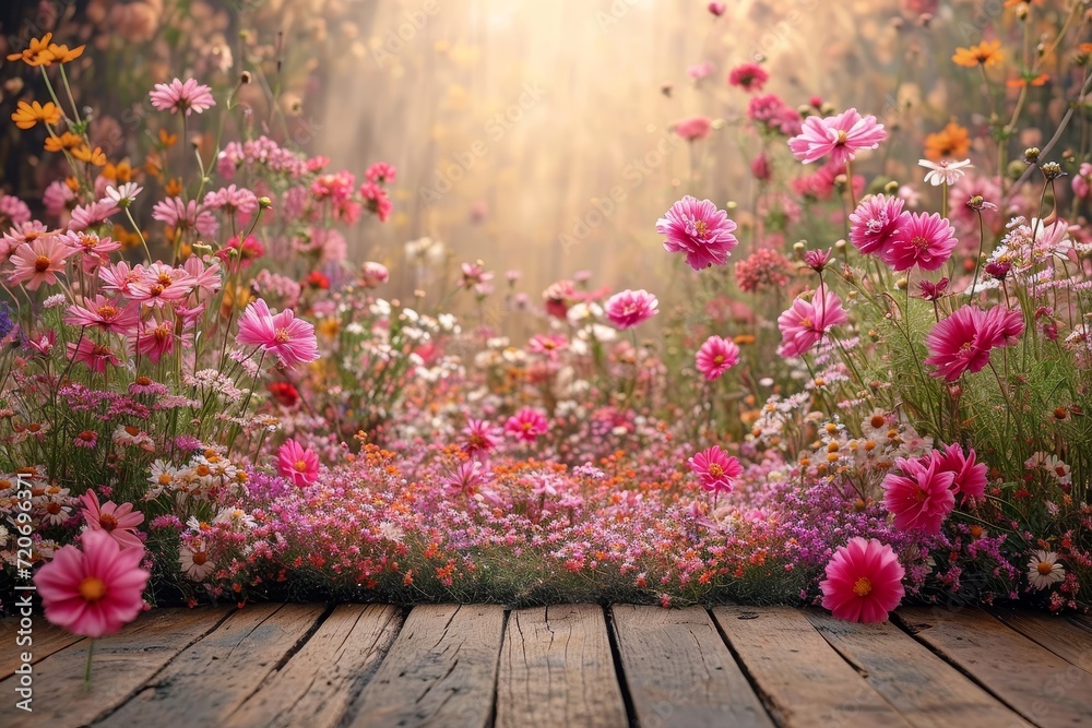 A wooden floor covered in a vibrant array of flowers, creating a lively and vivid atmosphere with sunshine A wooden floor covered in a vibrant array of flowers, creating a lively and vivid atmosphere with sunshine