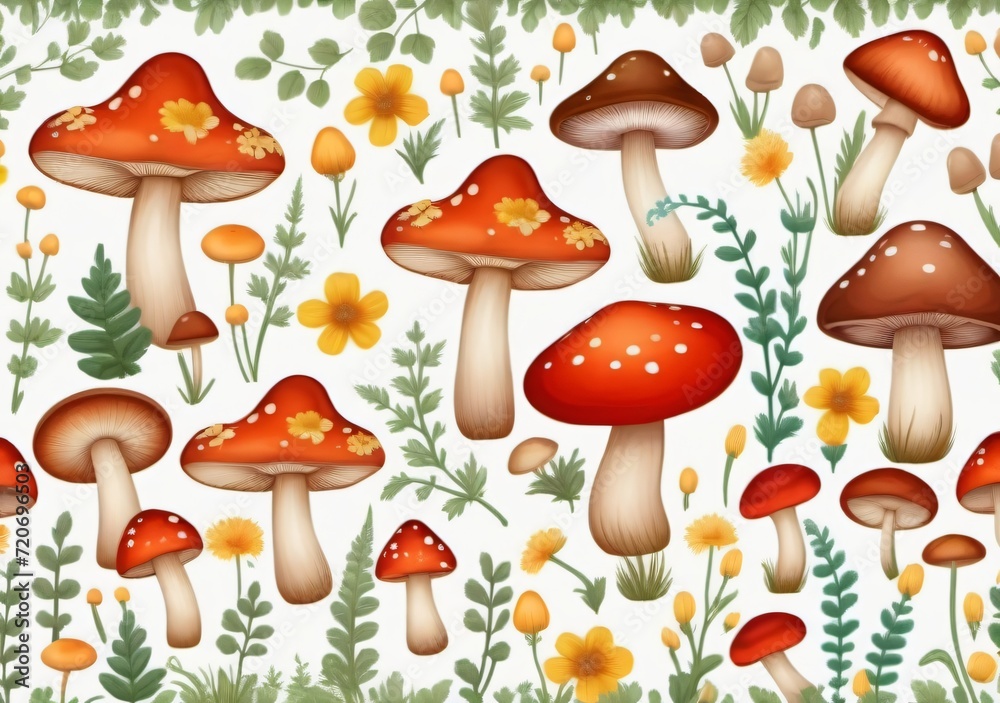 Childrens Illustration Of Seamless Pattern With Mushrooms And Flowers