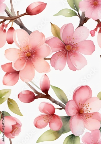 Watercolor Illustration Of Beautiful Sakura Flowers Isolated On White Background