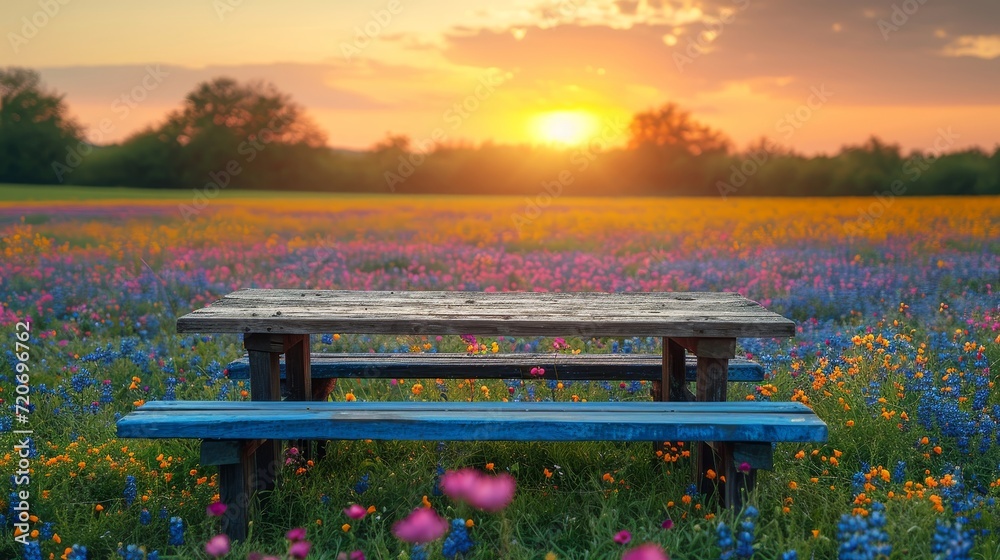 Fototapeta premium Tranquil Sunset over a Colorful Wildflower Meadow with Wooden Bench and table top in front for product promotion