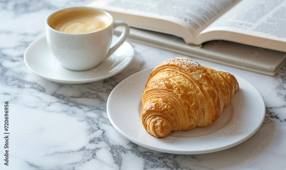 On a marble table there is a cup of latte and a croissant against the background of an open book. Universal, lightweight, bright background for websites and social networks.