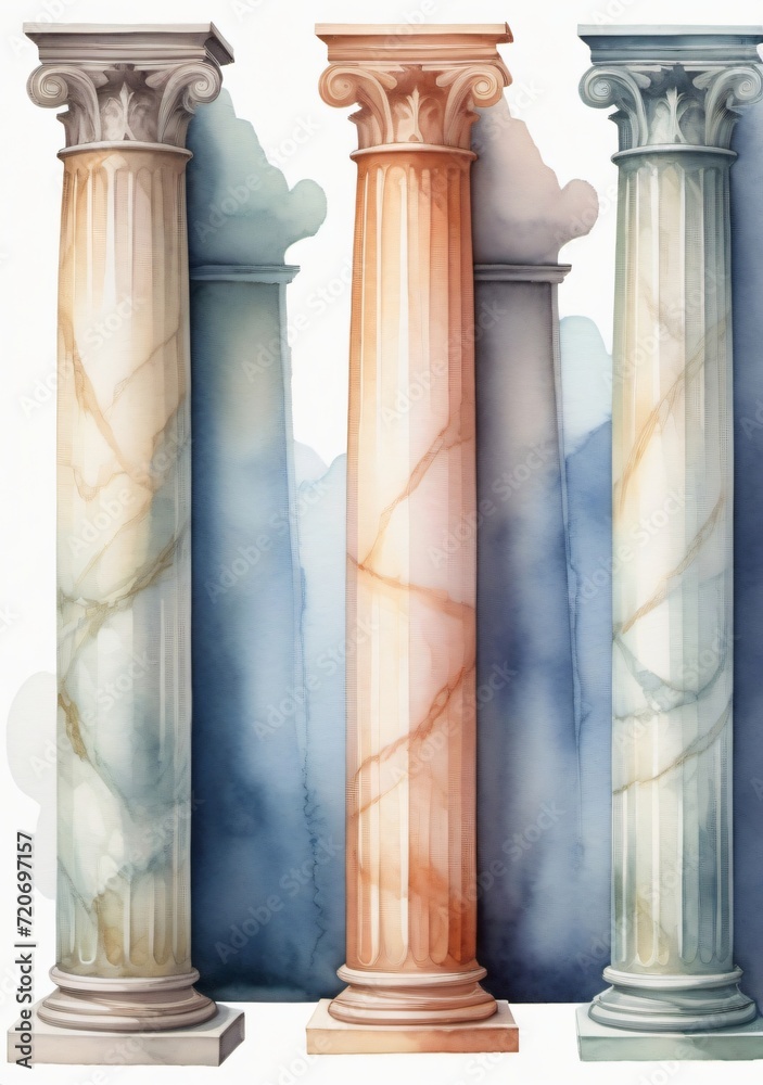 Watercolor Illustration Of Six Marble Pillars Columns Isolated On White Background