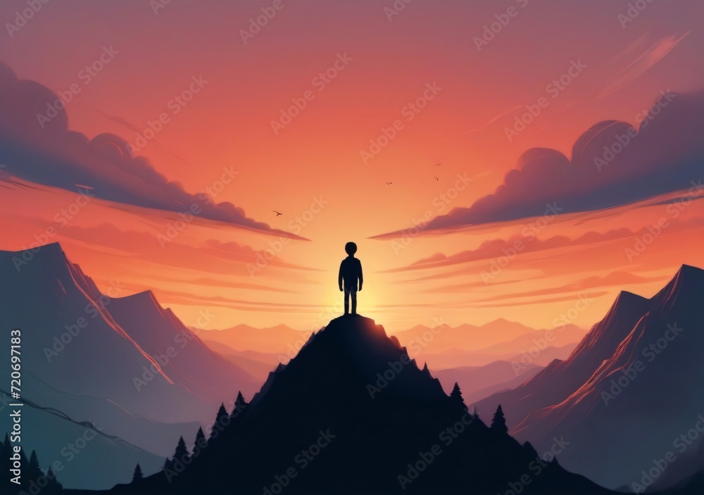 Childrens Illustration Of A Person Standing On Top Of A Mountain At Sunset. Generative Image.