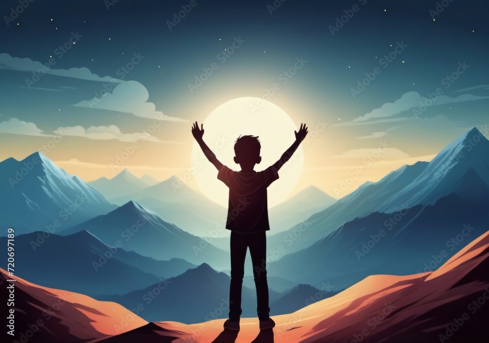 Childrens Illustration Of Silhouette Of A Successful Man Raising His Hands Up, On The Top Of The Mountain. Celebrating Success, Winner, And Leader Concept.