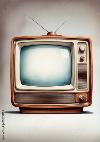 Watercolor Illustration Of A Realistic Retro Tv With A White Screen Isolated On White Background