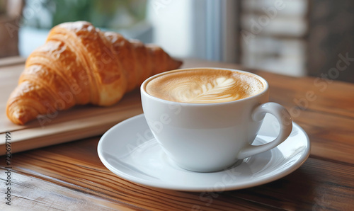 Cup of coffee with croissant on a wooden table close-up.