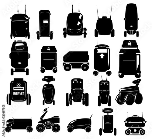 Futuristic Autonomous Delivery Robots Black Silhouettes Set Vector Collection. Innovation And Technology In Package Delivery