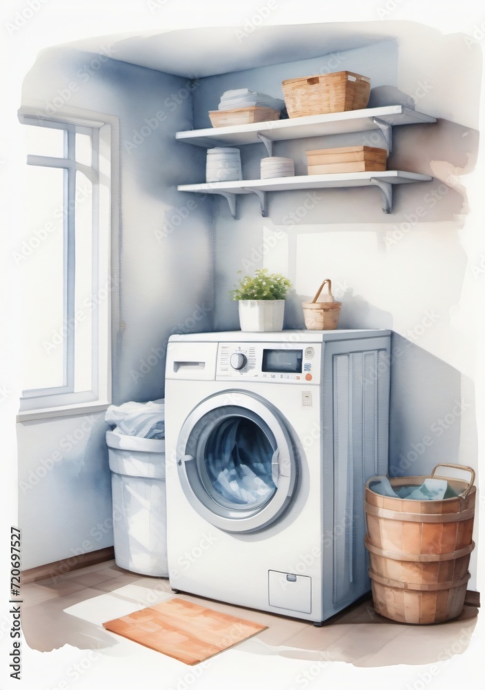 Watercolor Illustration Of A White Blurry Home Laundry Room With Modern Washing Machine Isolated On White Background