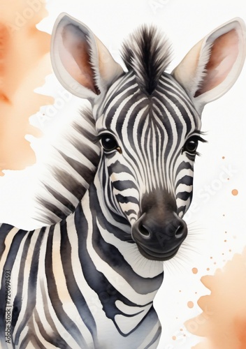 Watercolor Illustration Of A Portrait Of A Baby Zebra Cub Isolated On White Background