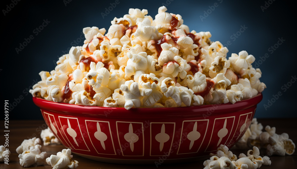 Fresh popcorn in a striped bucket, perfect movie theater snack generated by AI Fresh popcorn in a striped bucket, perfect movie theater snack generated by AI