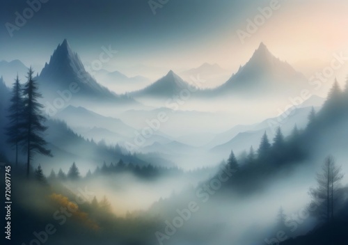 Childrens Illustration Of . Generative. Photo Realistic Illustration Of Mountains Forest Fog Morning Mystic. Graphic Art