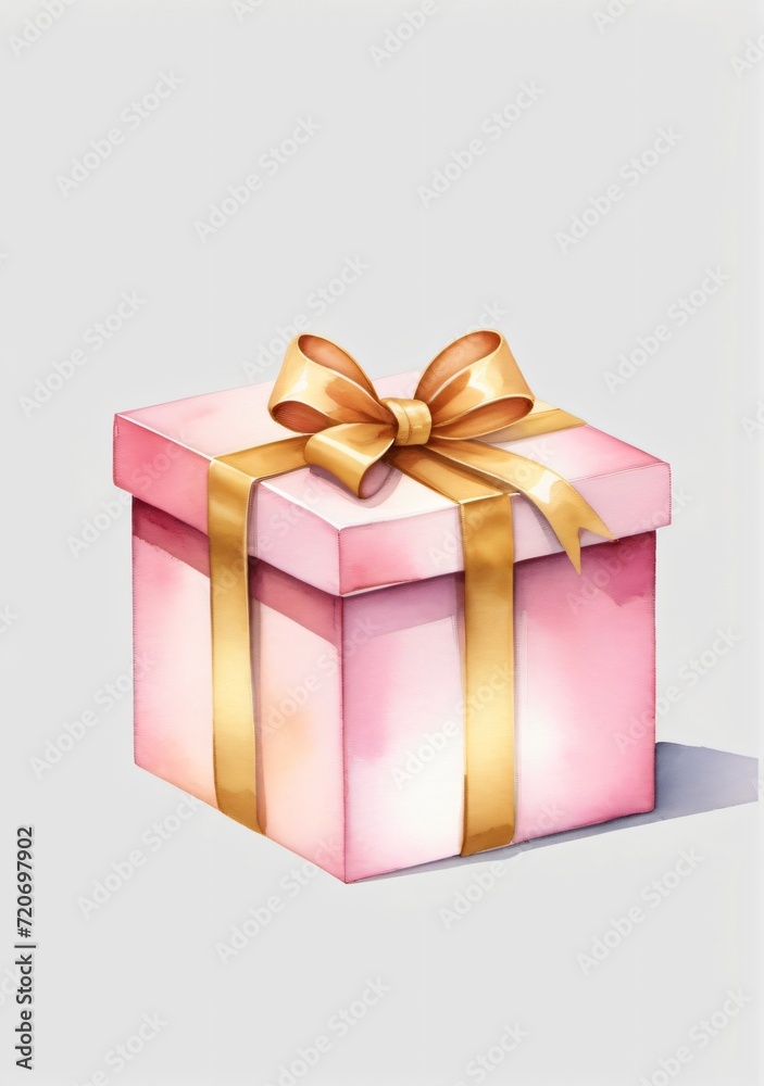 Watercolor Illustration Of A Pink Gift Box With A Gold Ribbon Isolated On White Background Watercolor Illustration Of A Pink Gift Box With A Gold Ribbon Isolated On White Background