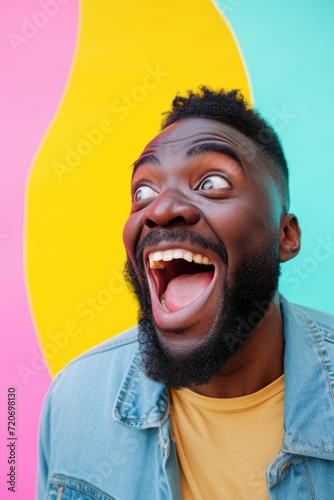 Excited happy optimistic entrepreneurs owner's face with a vibrant, colorful background