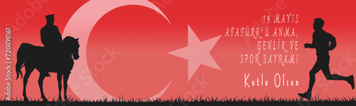 19 Mayis Ataturk'u Anma Genclik ve Spor Bayrami. Translated: May 19 is the commemoration of Ataturk, youth and sports day. Ataturk and Turkish flag. photo