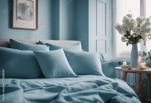 Cozy light blue Bedroom with flowers and candles pillows duvet and duvet case on a bed Blue bed line