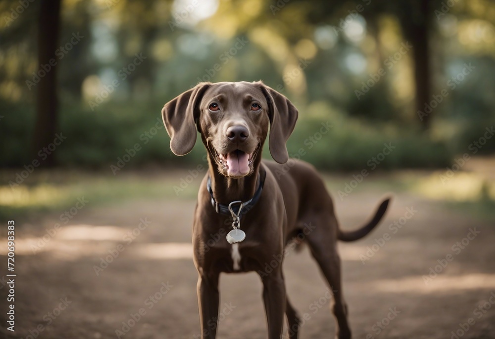 Cute playful doggy or pet is playing and looking happy isolated on transparent background Brown weim
