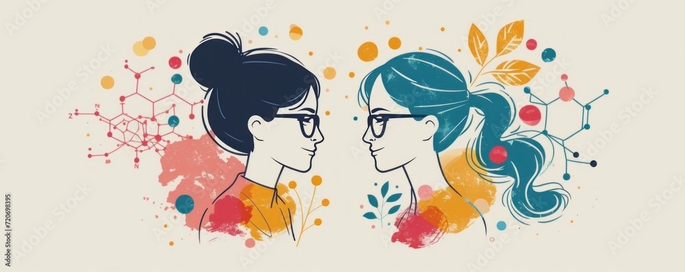Two women in profile. Hand drawn  illustration in sketch style.