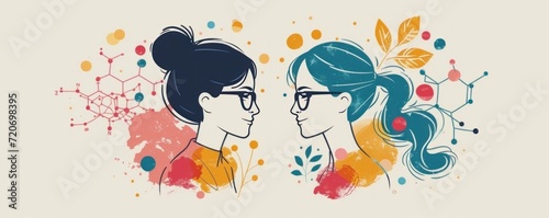 Two women in profile. Hand drawn illustration in sketch style.